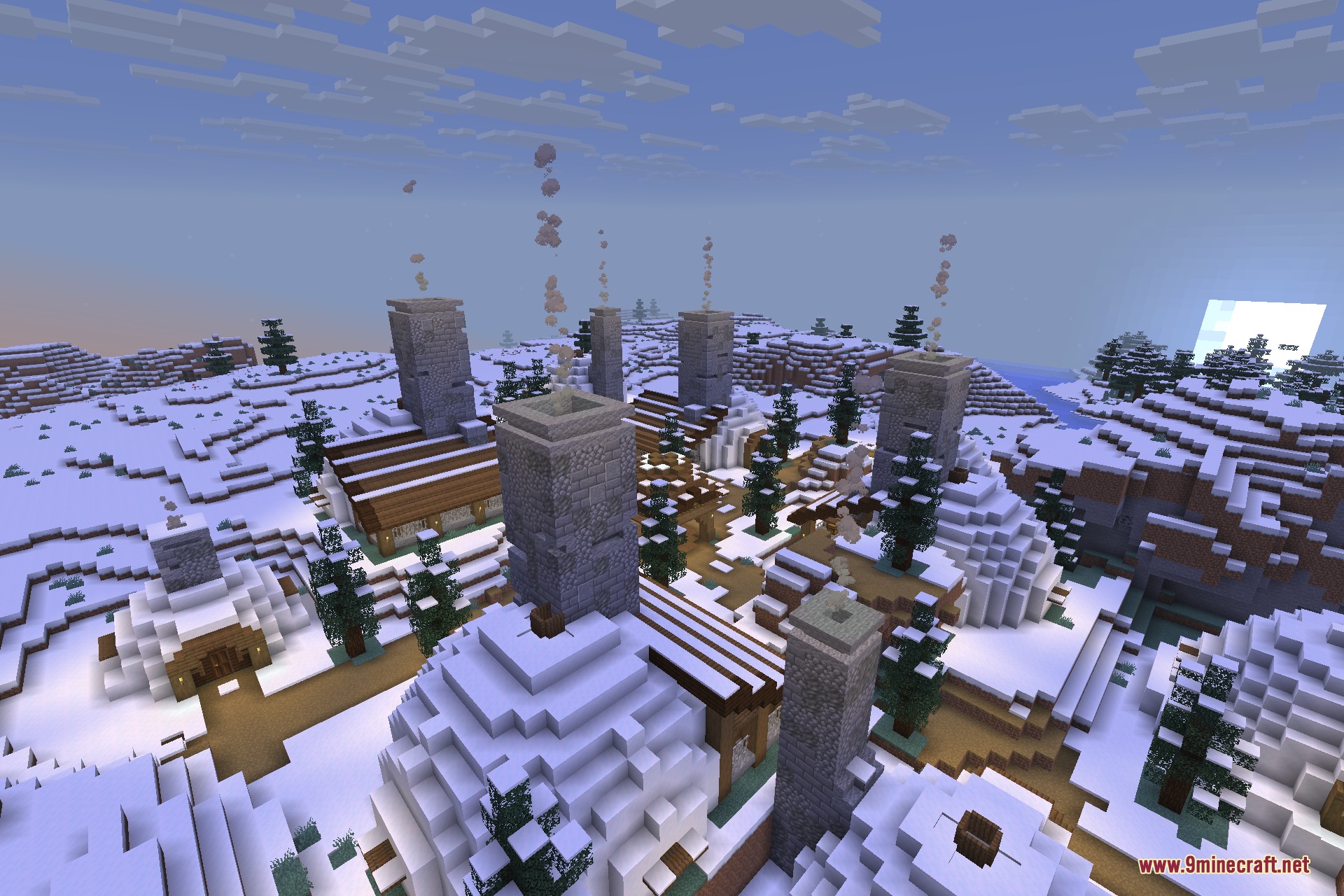 A snowy village featuring igloos and tall stone chimneys emitting smoke