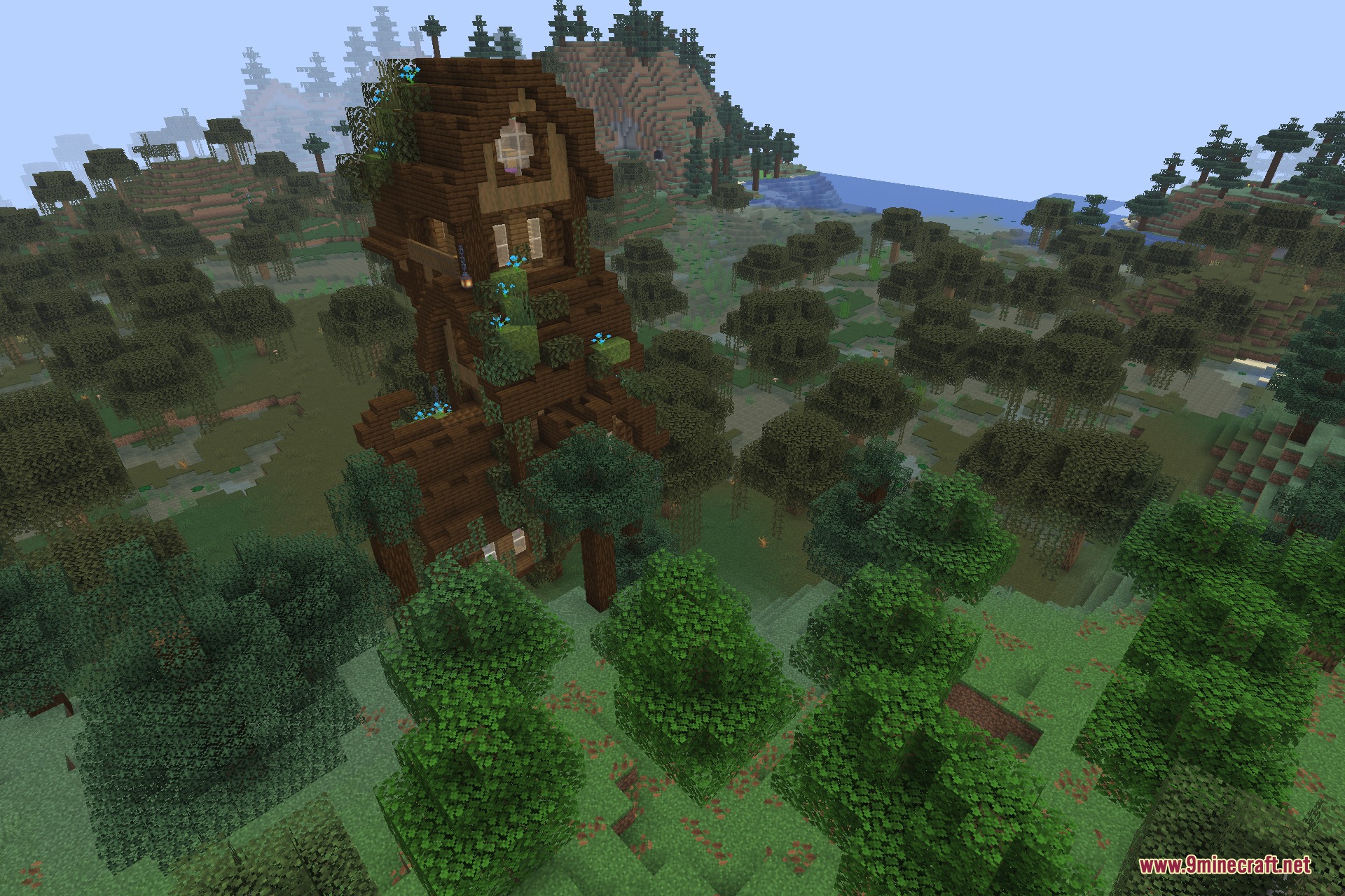 A tall wooden tower structure located within a swamp biome