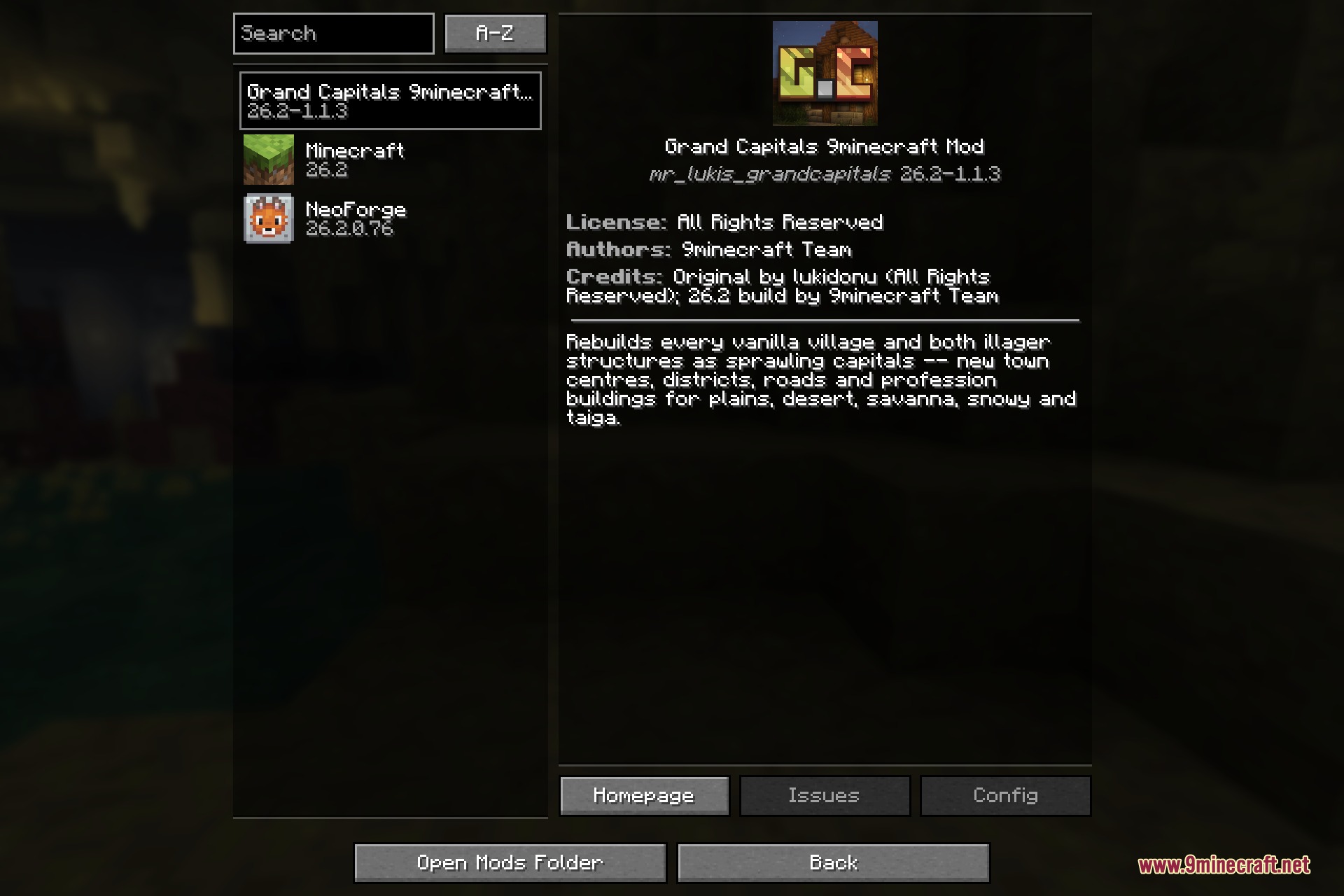 Minecraft mod menu interface showing details for the Grand Capitals village overhaul