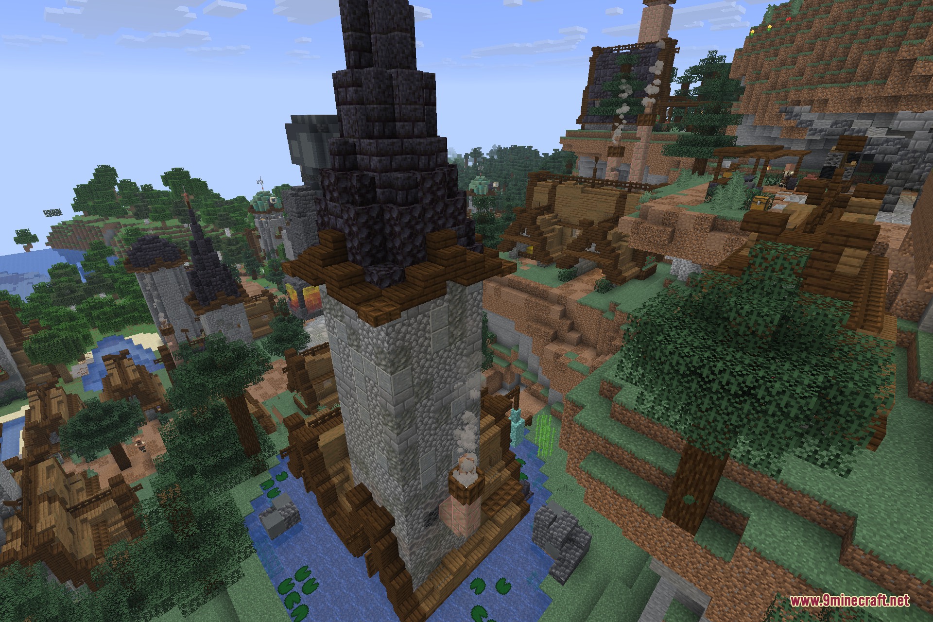 Tall stone towers and detailed wooden houses in a Grand Capitals village