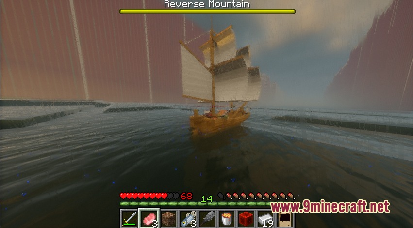 A wooden ship sails through the ocean towards the Reverse Mountain entrance