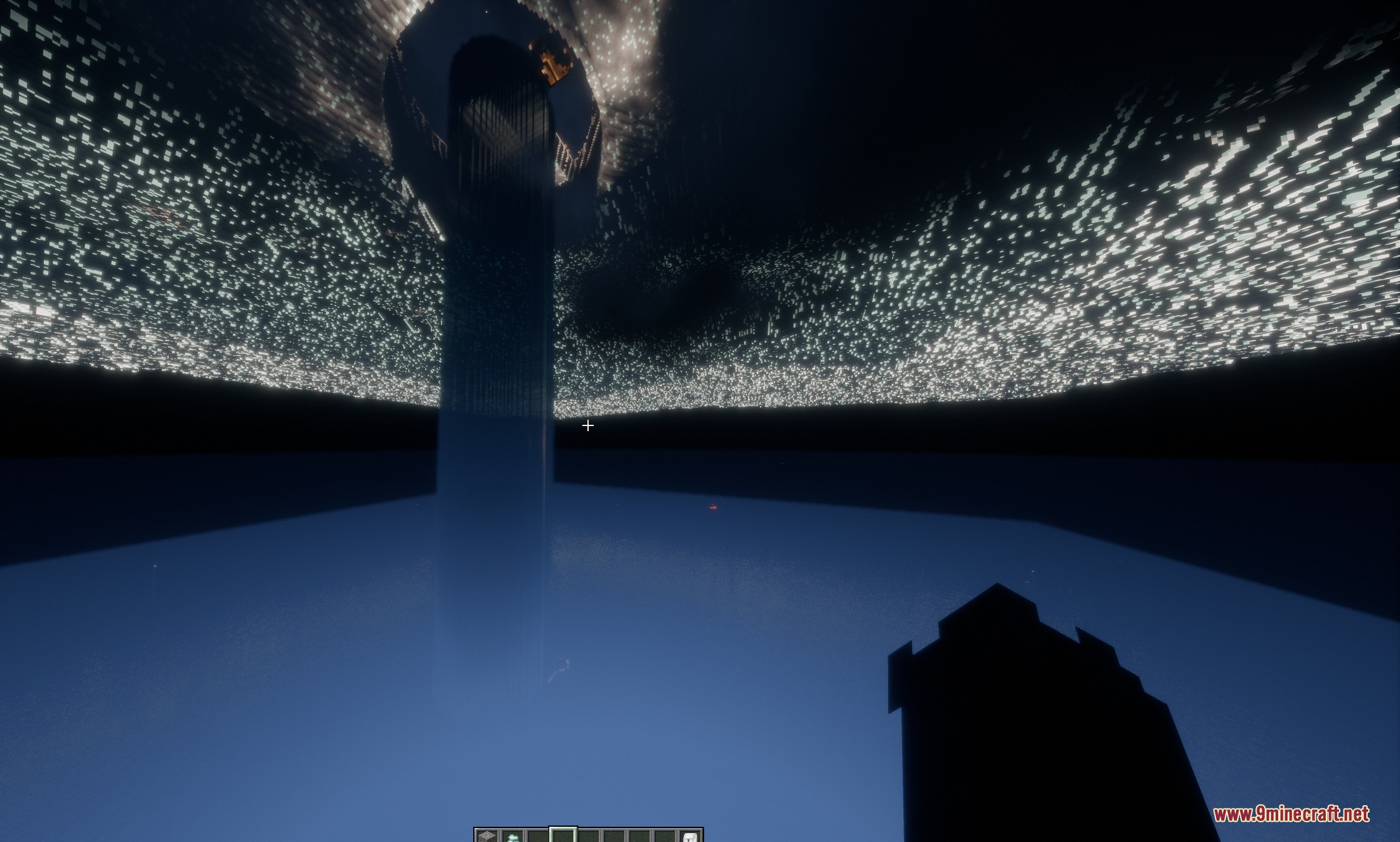 Massive vertical water current surrounded by glowing blocks in a dark ocean