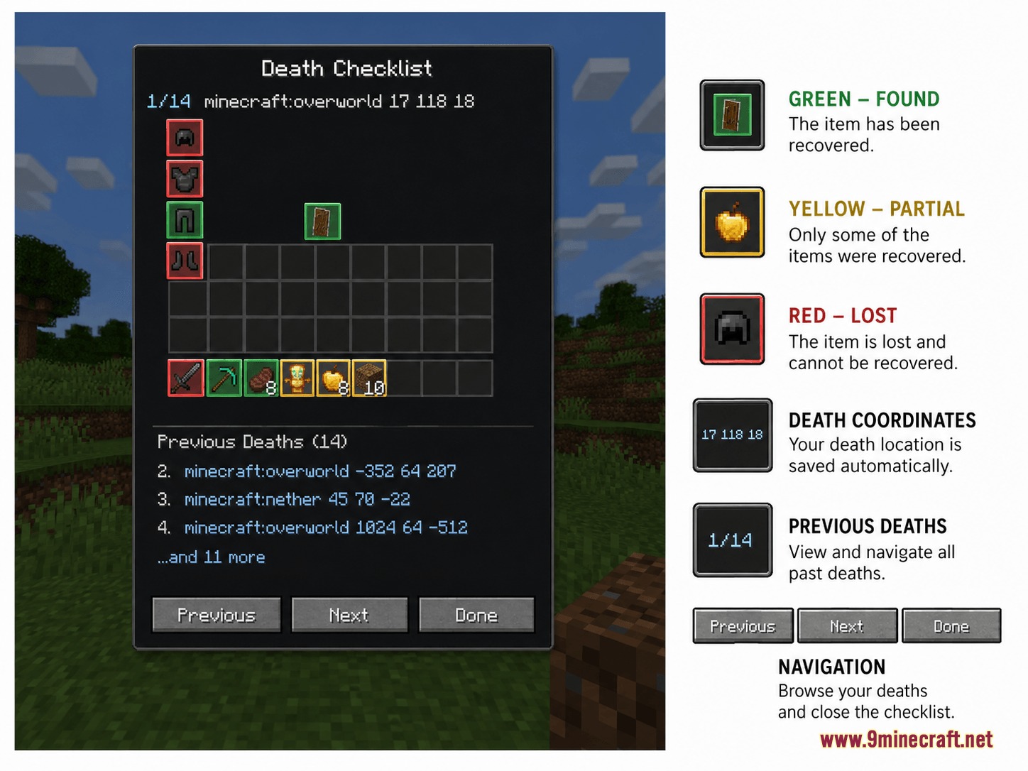 Graveyard Inventory Ledger Mod Screenshot 1 The Graveyard Inventory Ledger Mod interface showing items lost and death coordinates