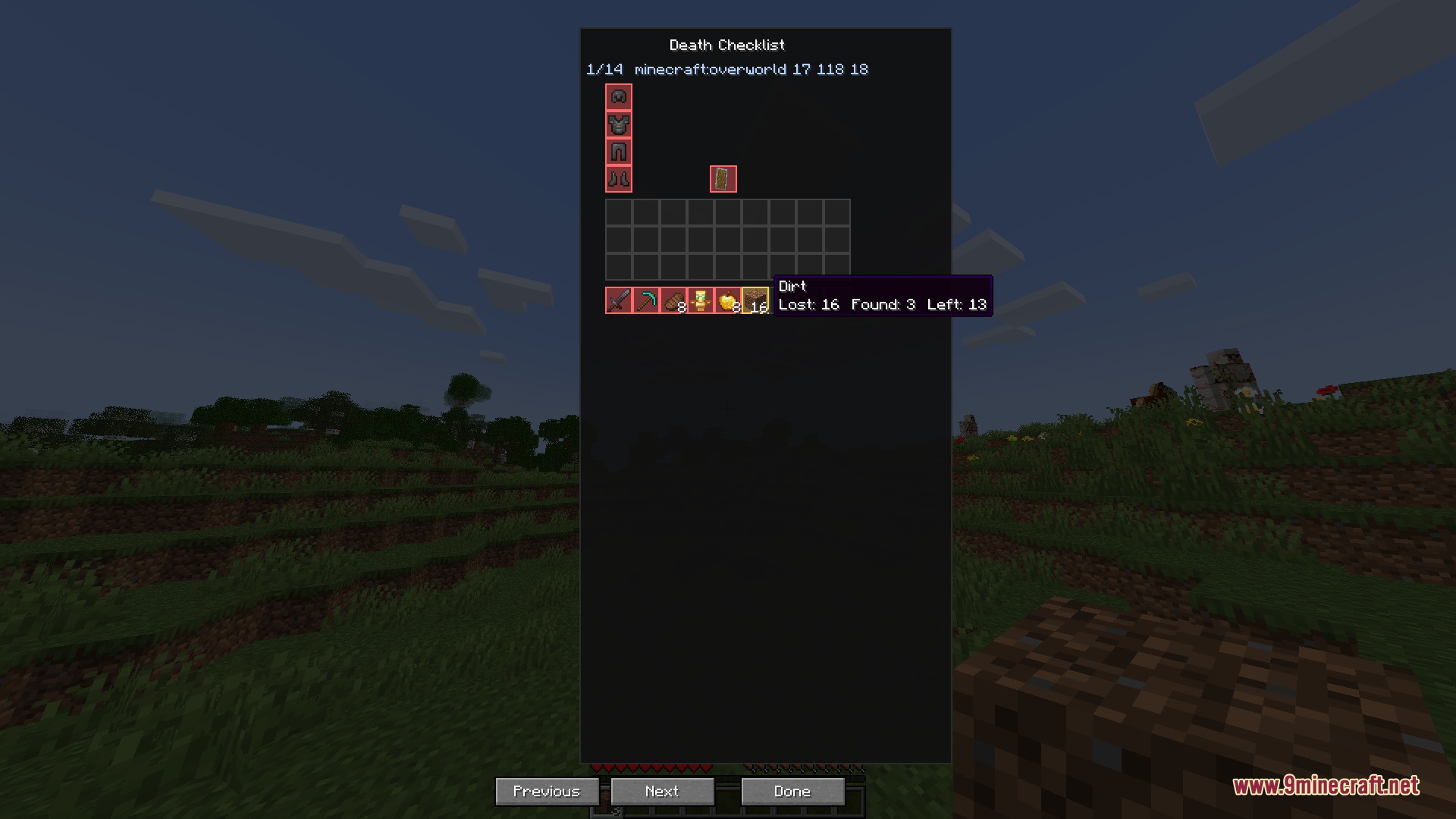 Graveyard Inventory Ledger Mod Screenshot 2 Detailed tooltip in the death checklist showing lost and found item counts