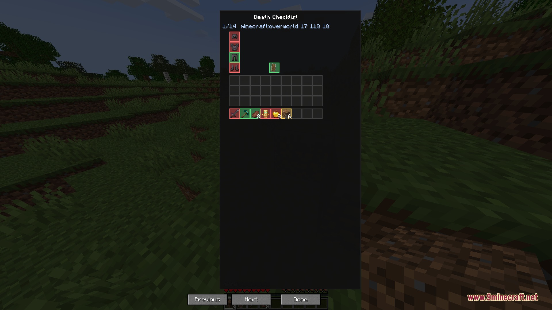 Graveyard Inventory Ledger Mod Screenshot 3 A death checklist screen in Minecraft showing lost items and player coordinates