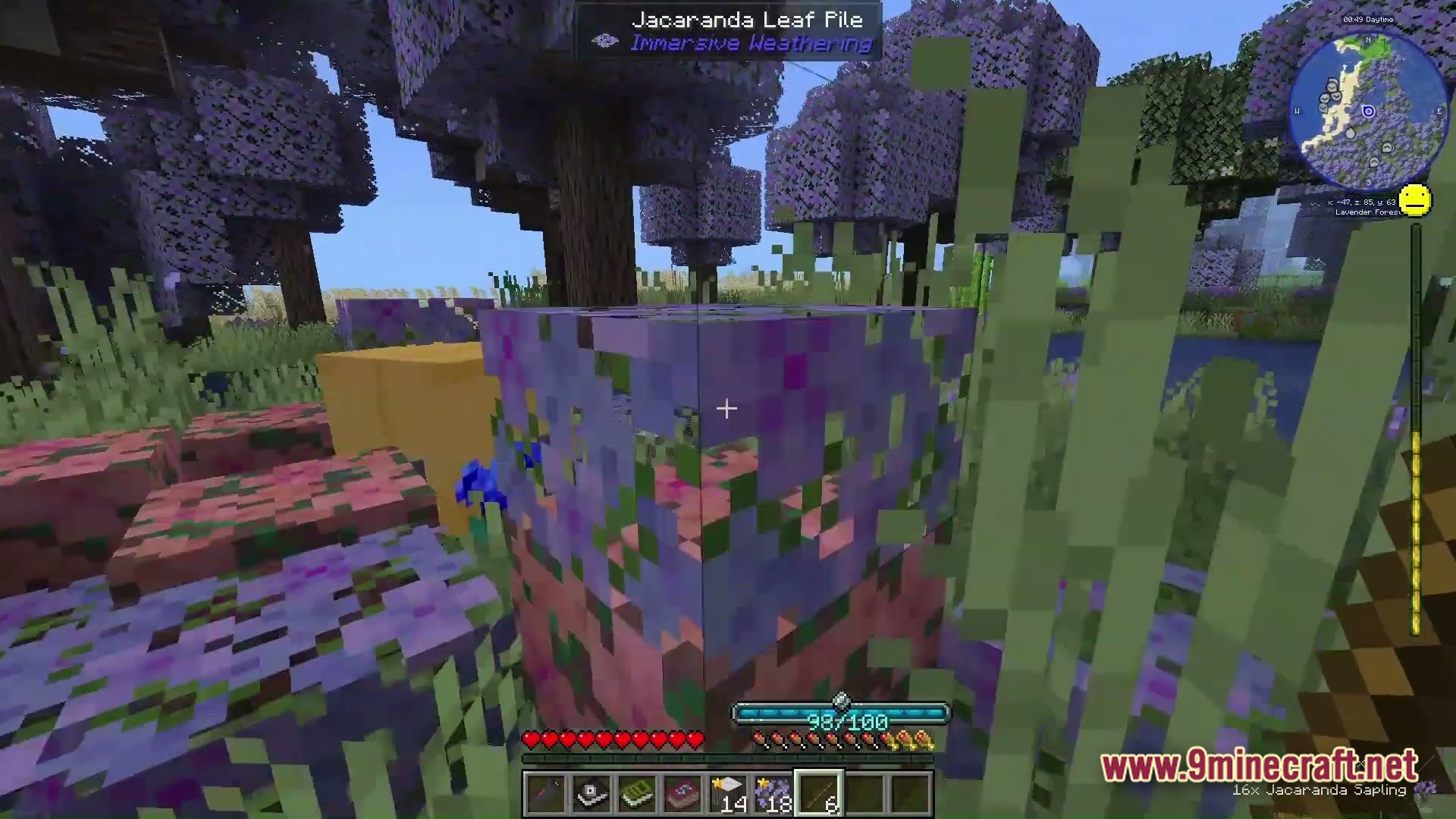 Grimsoul Unleashed Modpack Screenshot 1 A player explores a Lavender Forest biome featuring Jacaranda leaf piles and purple-leafed trees