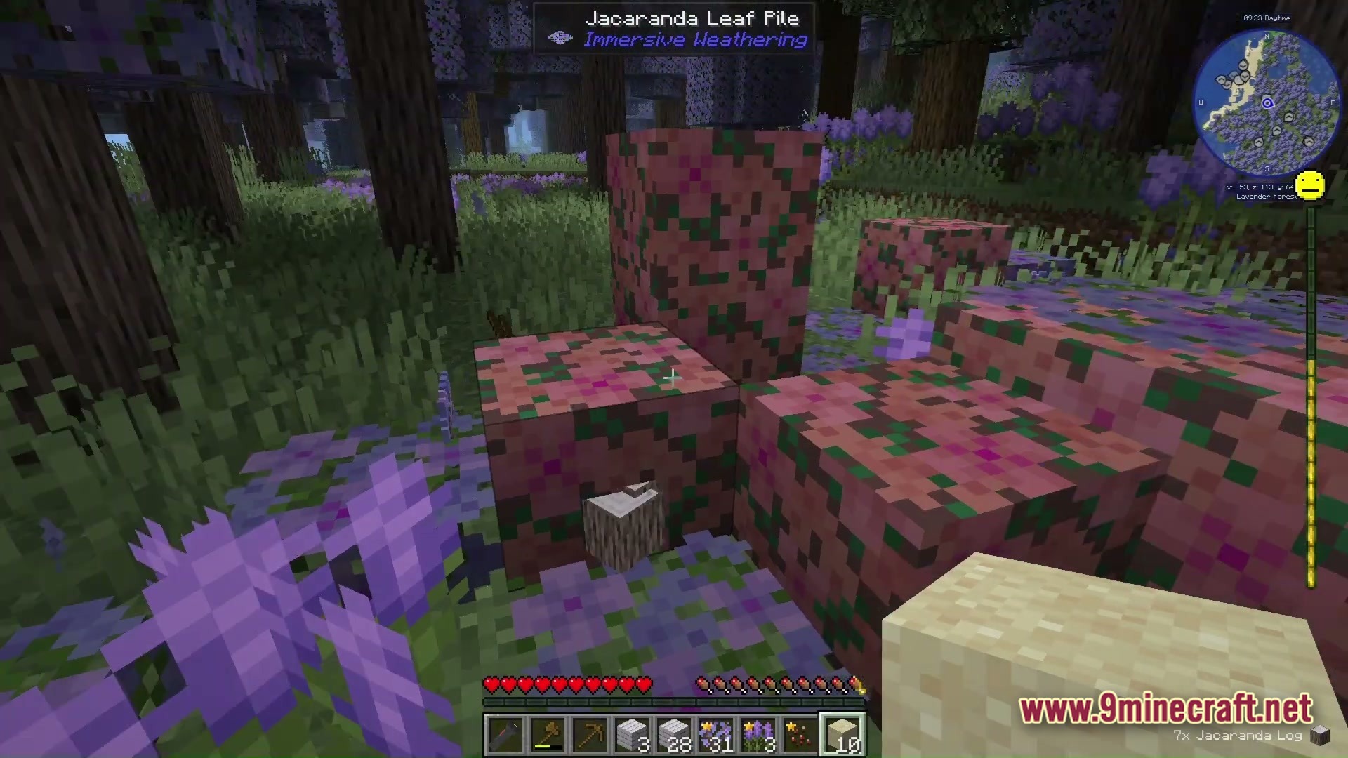 Grimsoul Unleashed Modpack Screenshot 4 A player gathers Jacaranda leaf piles and logs within a purple Lavender Forest biome