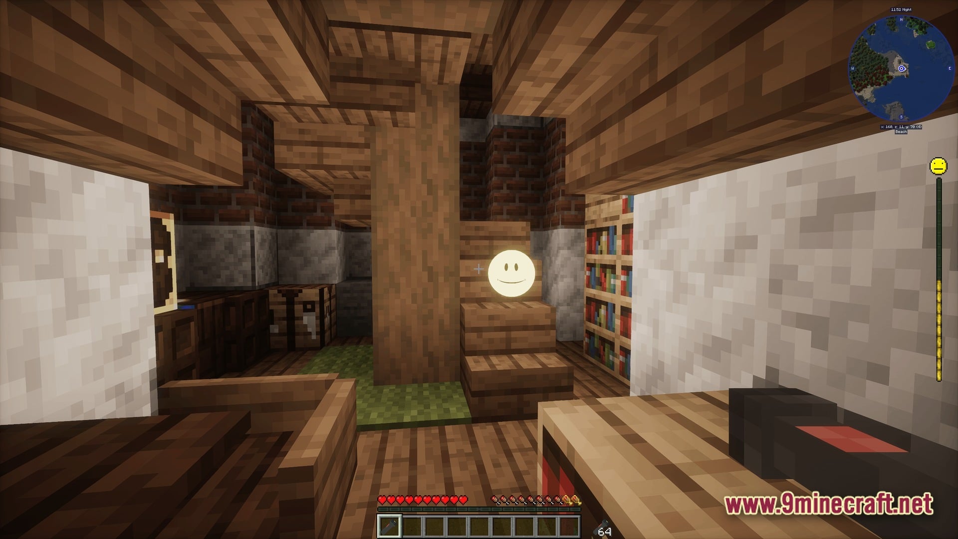 Grimsoul Unleashed Modpack Screenshot 7 A wooden interior featuring a staircase, bookshelves, and a glowing orb with a smiley face
