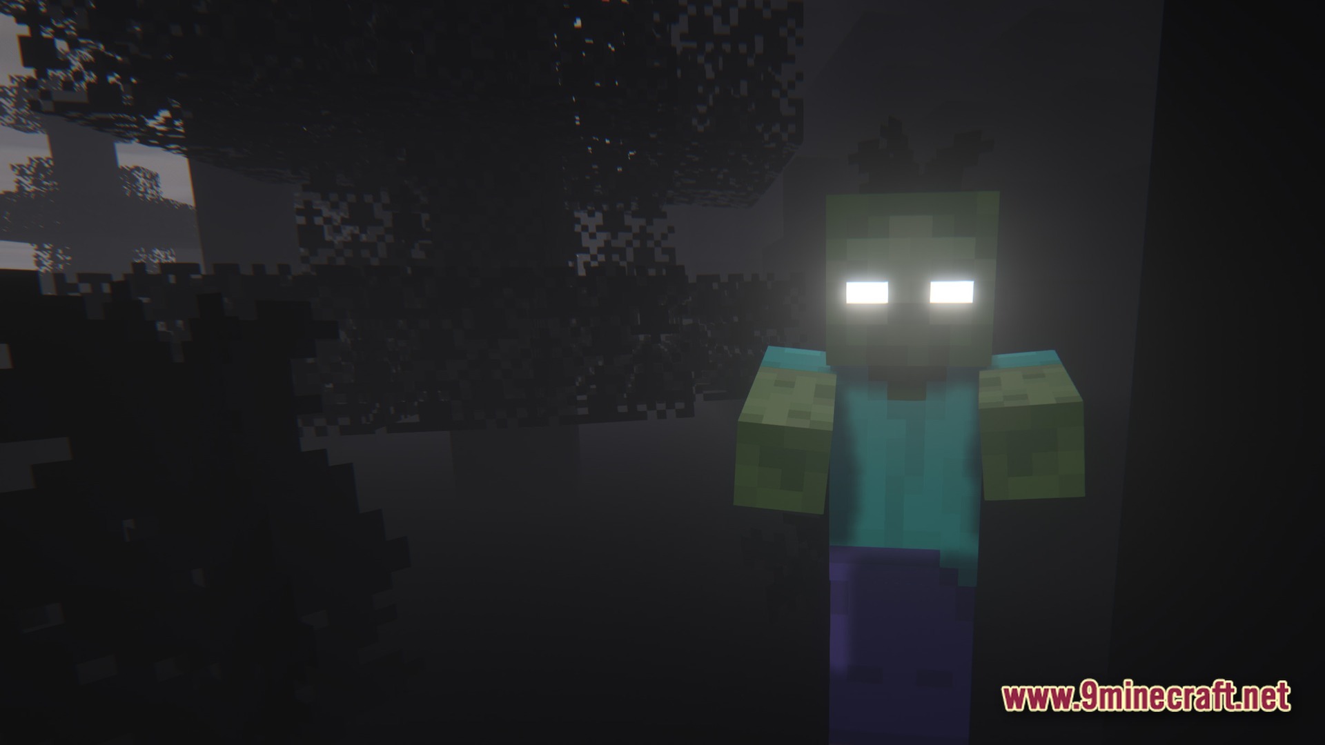 Grimsoul Unleashed Modpack Screenshot 9 A zombie with glowing white eyes stands in a dark, foggy forest at night