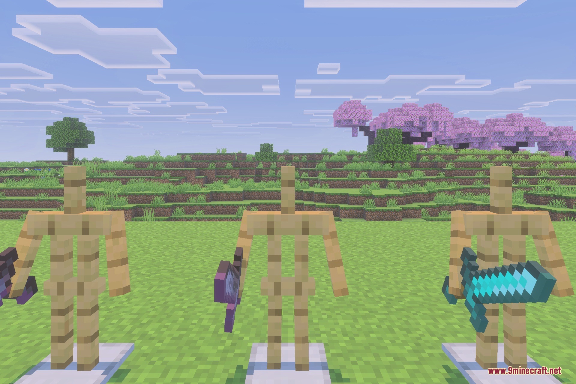 Armor stands holding purple katanas and a diamond sword in a grassy field