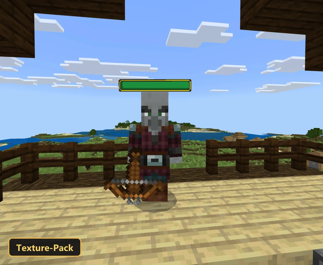 pillager with crossbow on a wooden deck overlooking ocean