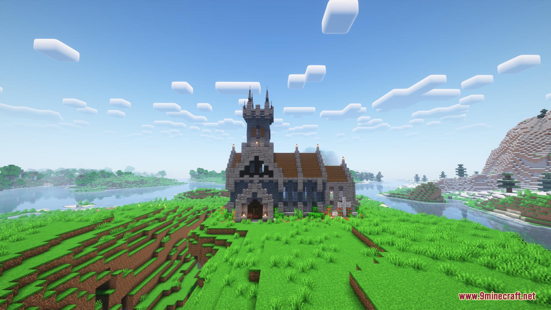 A Gothic stone church from the Hallowed Spires Crypt Mod in Minecraft