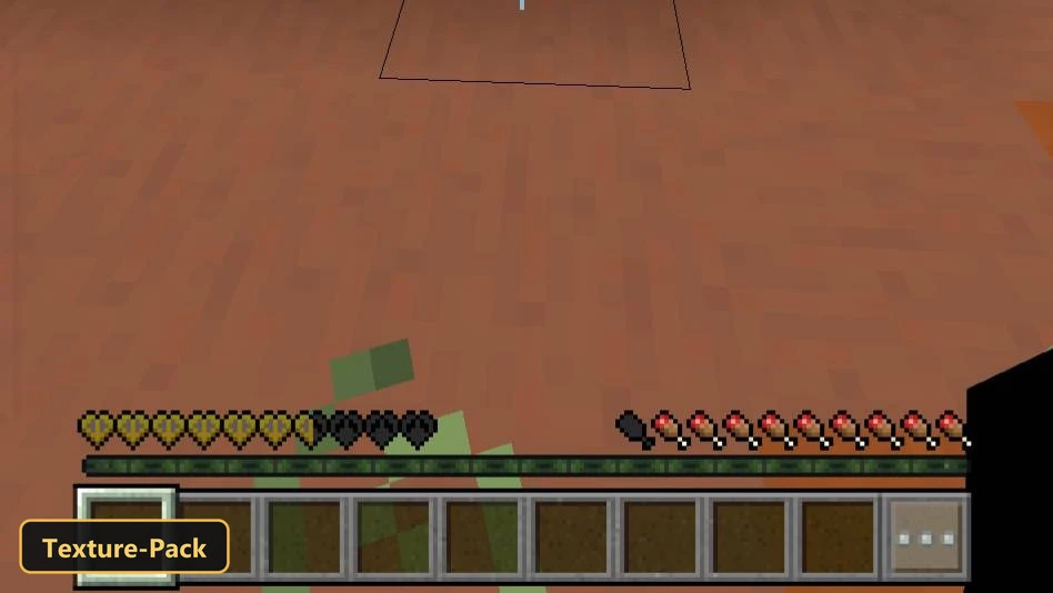 player view of a flat, reddish-brown terrain with green blocks