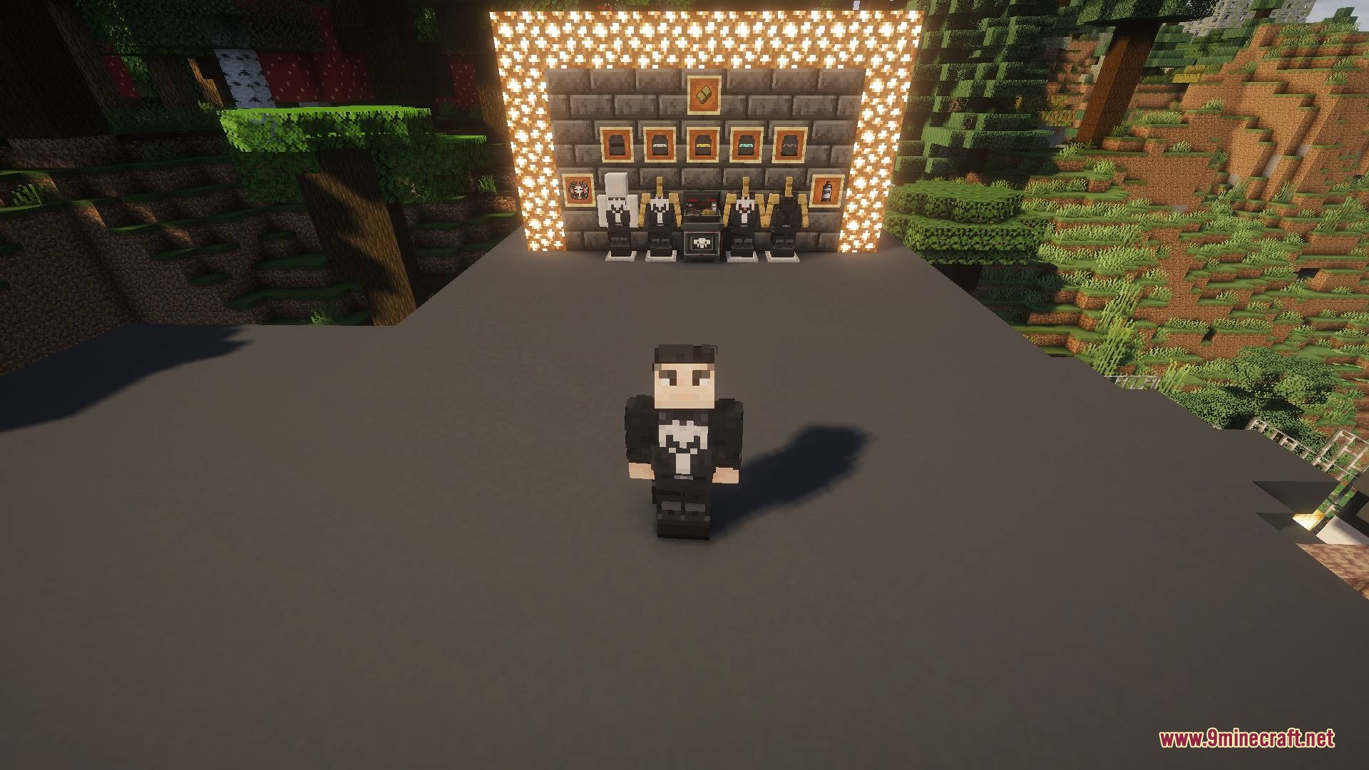 Hardline Ballistic Protocol Mod Screenshot 1 A Minecraft player wearing tactical gear stands in front of an armor display