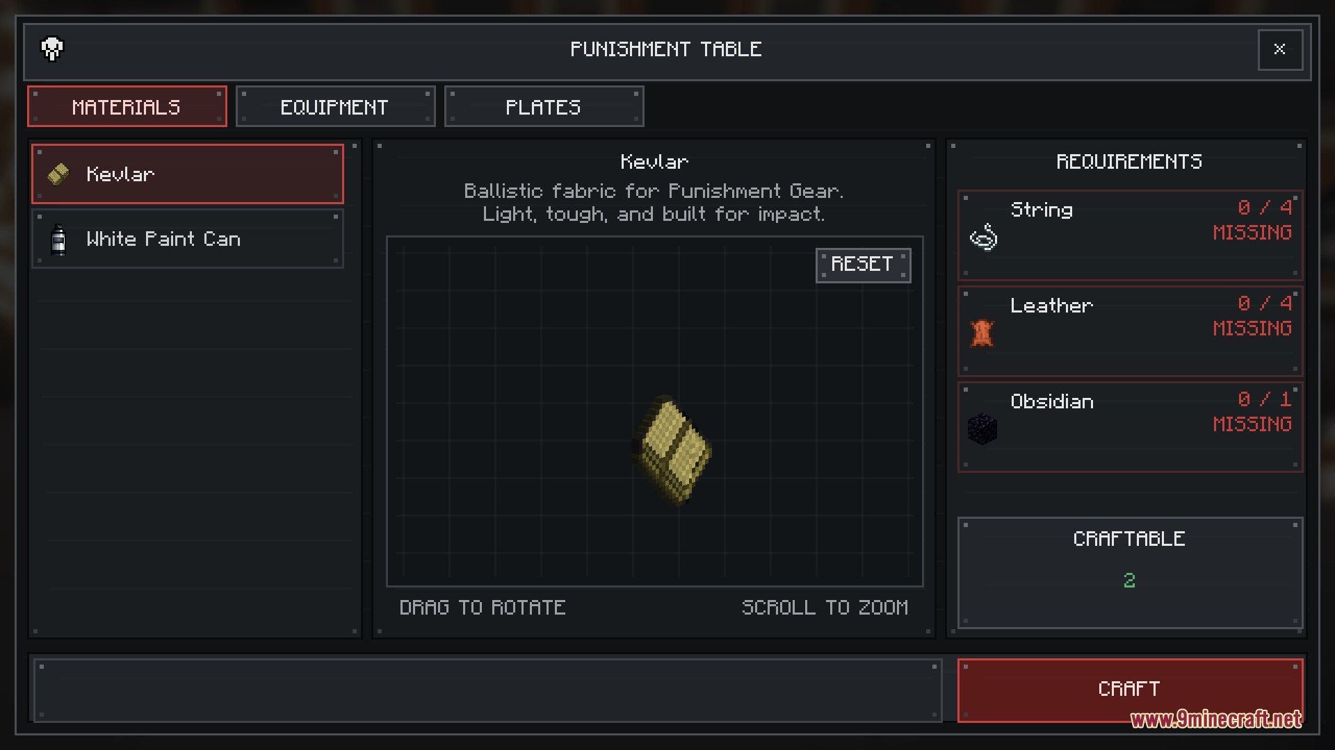 Hardline Ballistic Protocol Mod Screenshot 3 The Punishment Table UI displays the requirements for crafting a Kevlar material