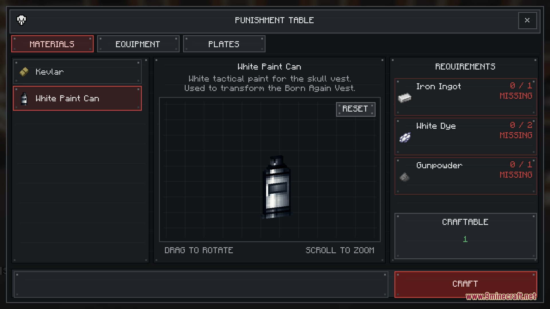 Hardline Ballistic Protocol Mod Screenshot 4 A player views the White Paint Can recipe in the Punishment Table menu