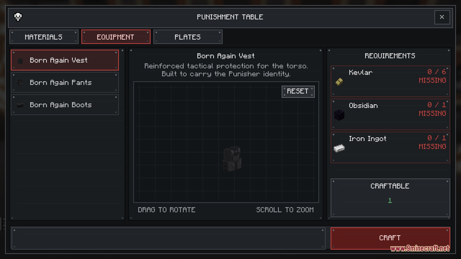Hardline Ballistic Protocol Mod Screenshot 5 The Punishment Table interface showing crafting materials for a Born Again Vest