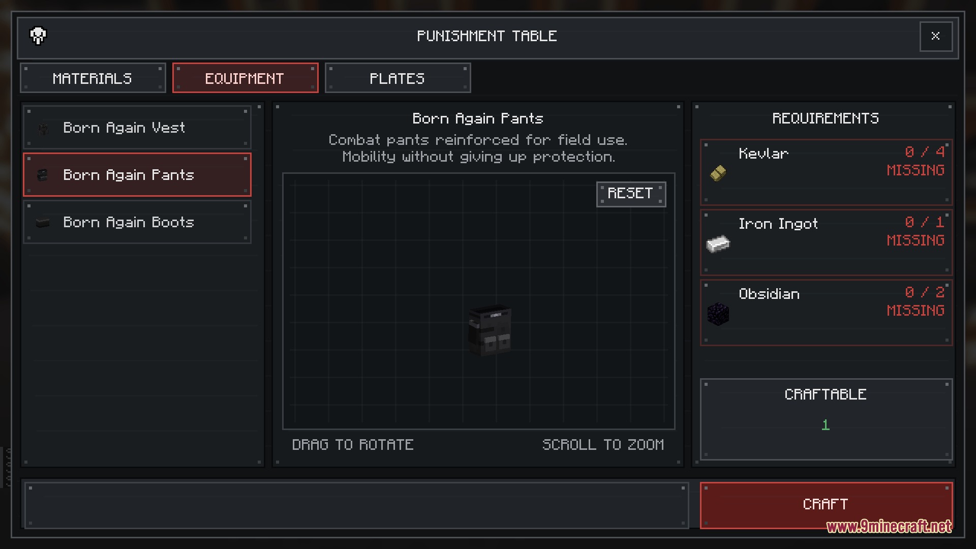 Hardline Ballistic Protocol Mod Screenshot 6 Tactical equipment crafting screen showing requirements for making Born Again Pants
