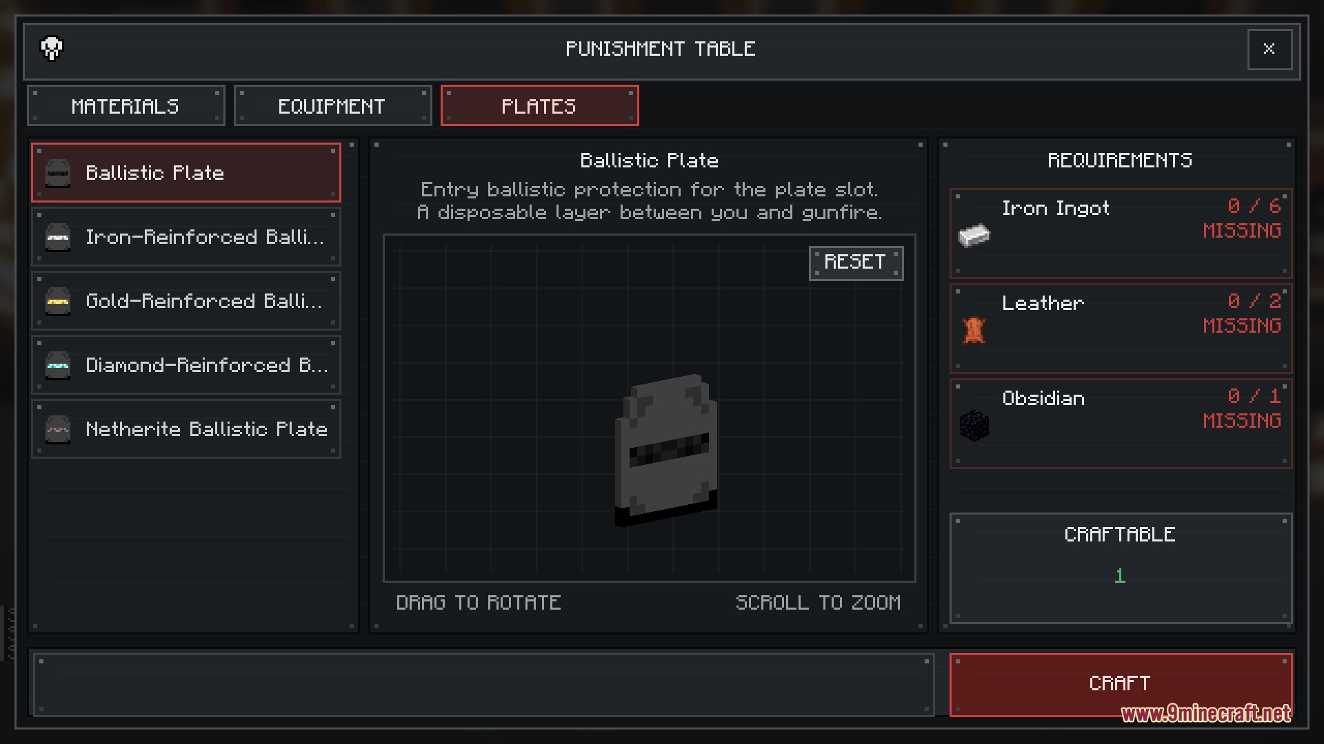 Hardline Ballistic Protocol Mod Screenshot 8 The Punishment Table menu showing the crafting recipe for a basic Ballistic Plate
