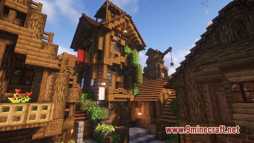 Hearth and Hydraulics Mod Screenshot 1 A bustling village street with detailed wooden buildings and warm lighting