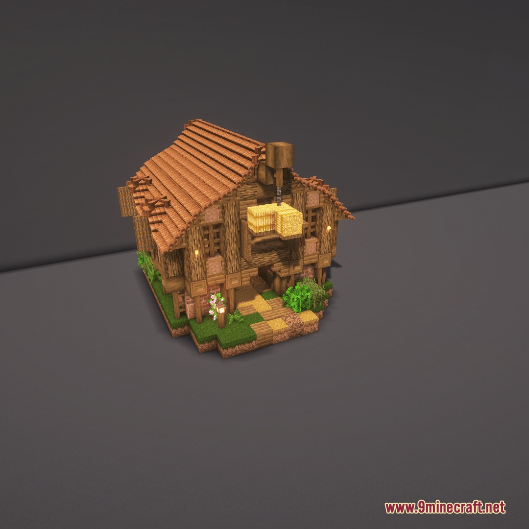 Hearth and Hydraulics Mod Screenshot 3 Small rustic Minecraft house with a crane and hanging hay bale
