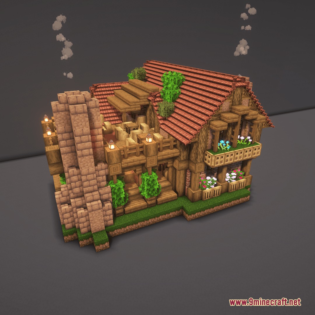 Hearth and Hydraulics Mod Screenshot 4 Large Minecraft house with a stone chimney and flower decorated balconies