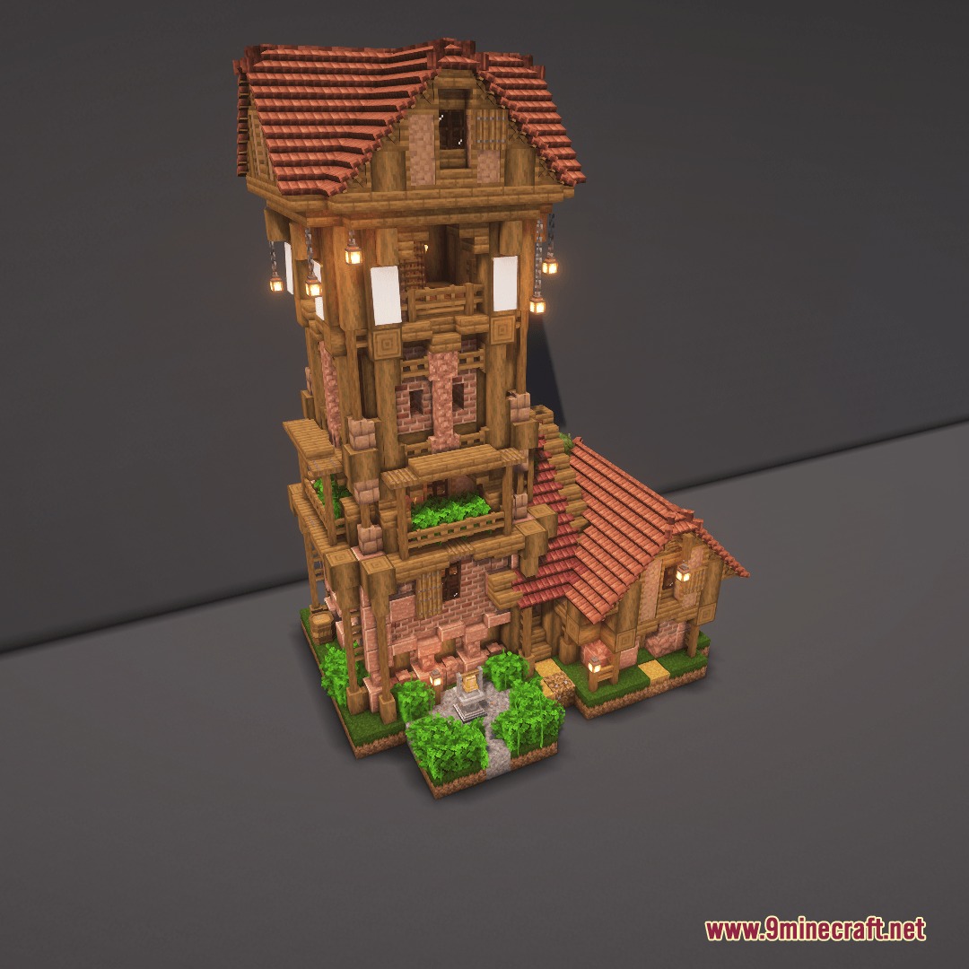 Hearth and Hydraulics Mod Screenshot 5 Tall wooden tower with red roofs and lanterns in a rustic style