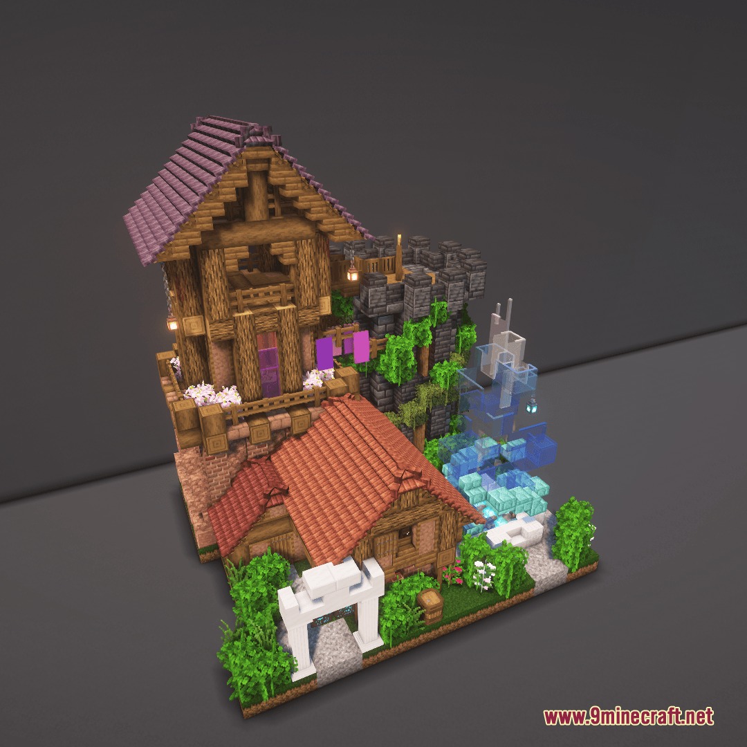 Hearth and Hydraulics Mod Screenshot 6 Wooden house with purple banners and a glowing blue crystal water feature