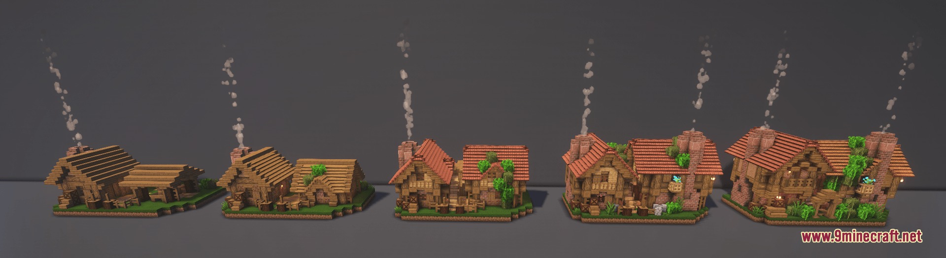 Hearth and Hydraulics Mod Screenshot 8 Five building levels showing the progression of a wooden house from small to large