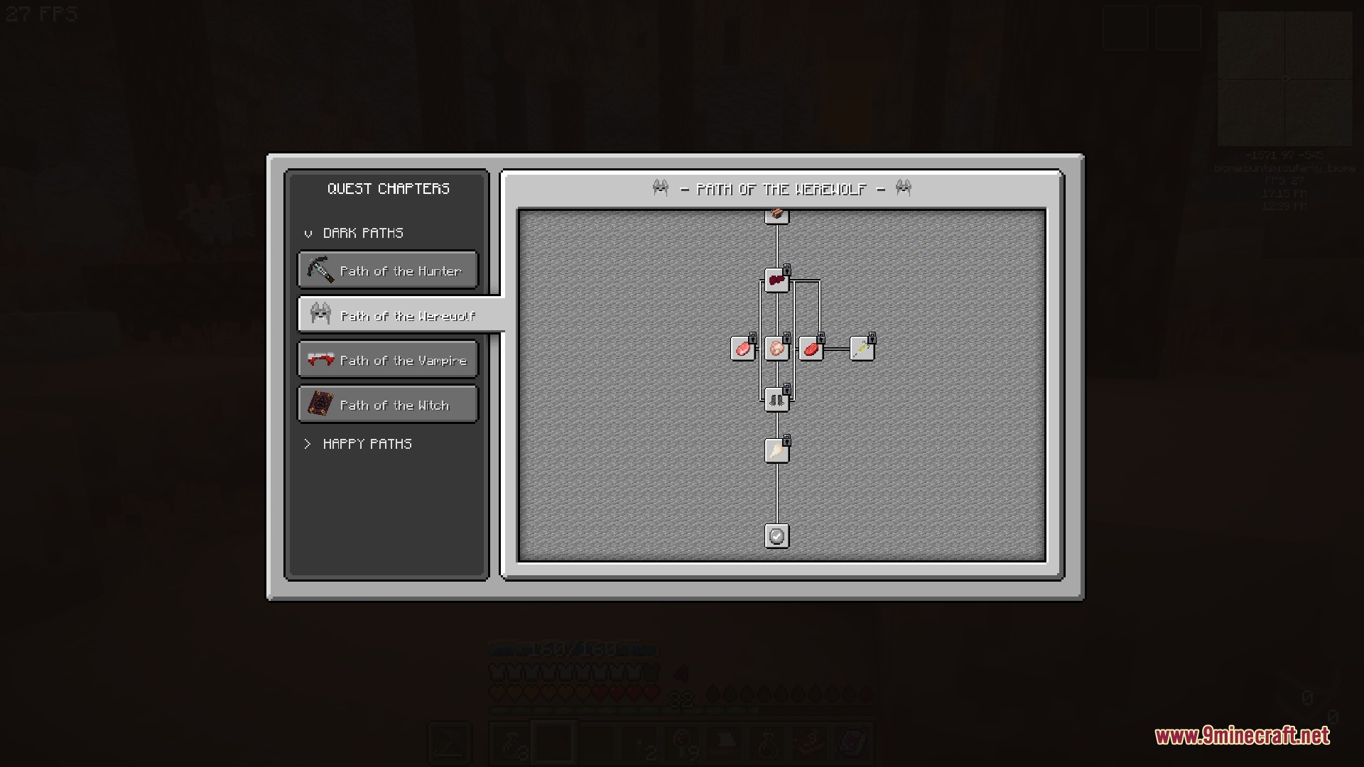 Heroic Ledger Visage Mod Screenshot 1 Custom quest interface displaying the werewolf progression tree in Minecraft