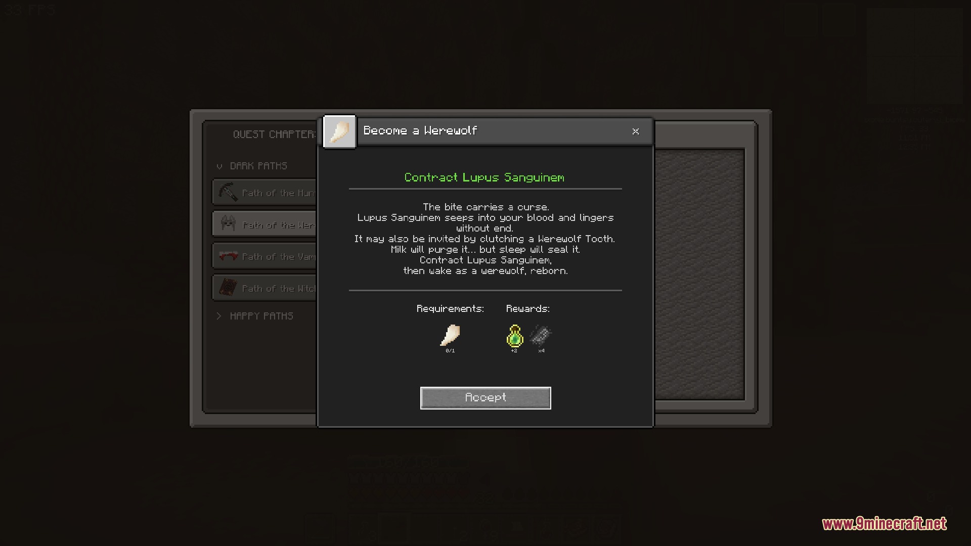 Heroic Ledger Visage Mod Screenshot 3 A quest interface showing requirements to become a werewolf with an accept button