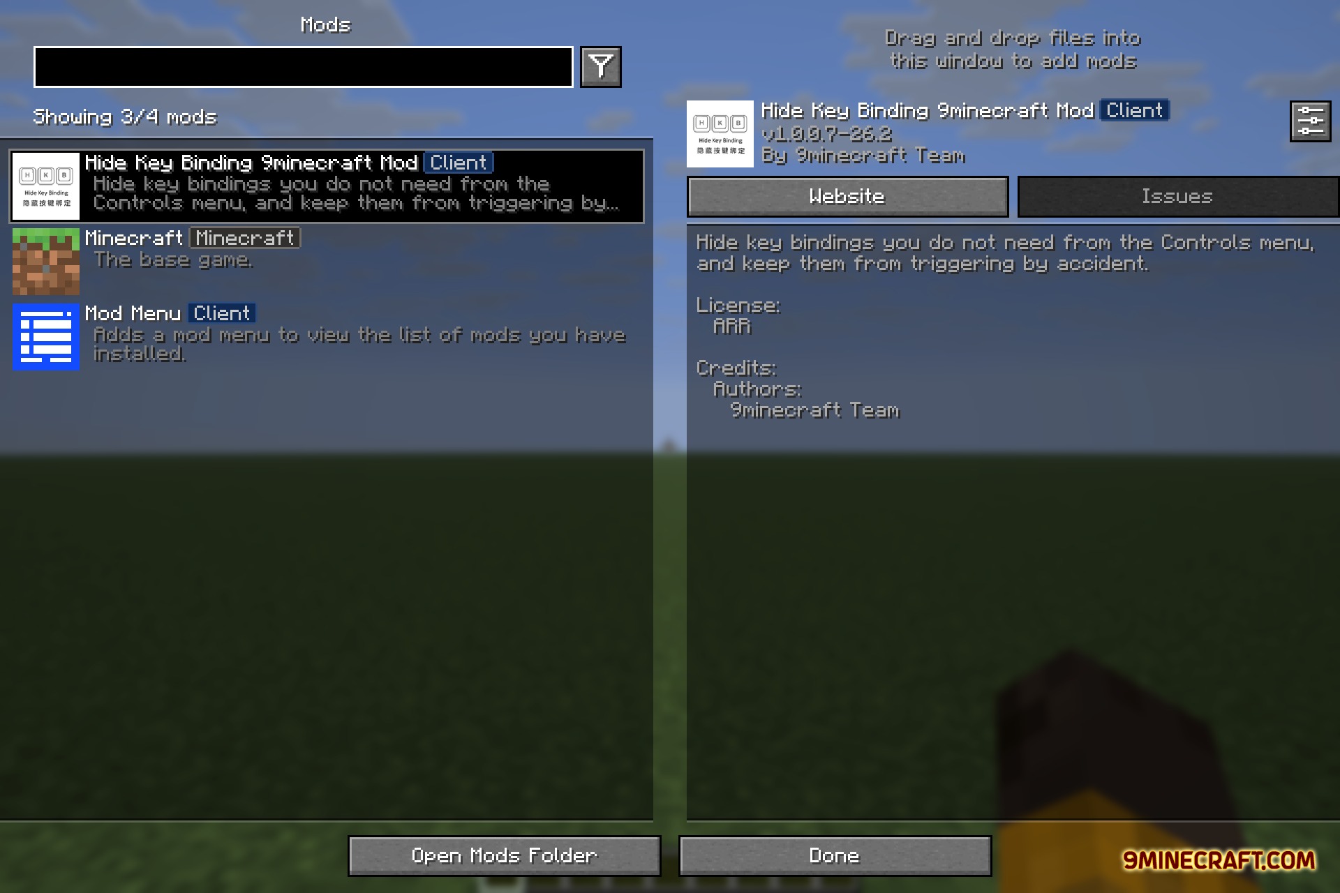 Hide Key Binding 9minecraft Mod Screenshot 1 Minecraft mod menu interface displaying information about the Hide Key Binding utility