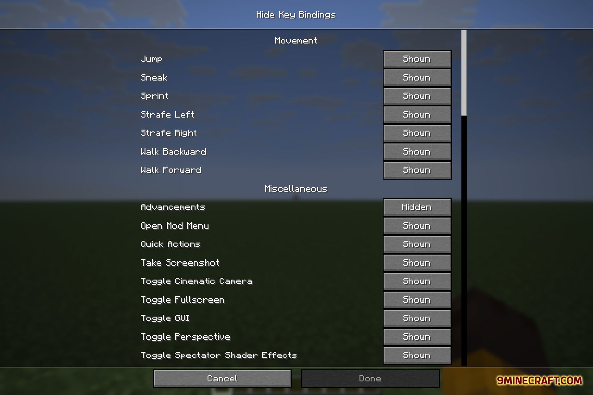 Hide Key Binding 9minecraft Mod Screenshot 2 Menu showing options to hide or show specific key bindings in Minecraft