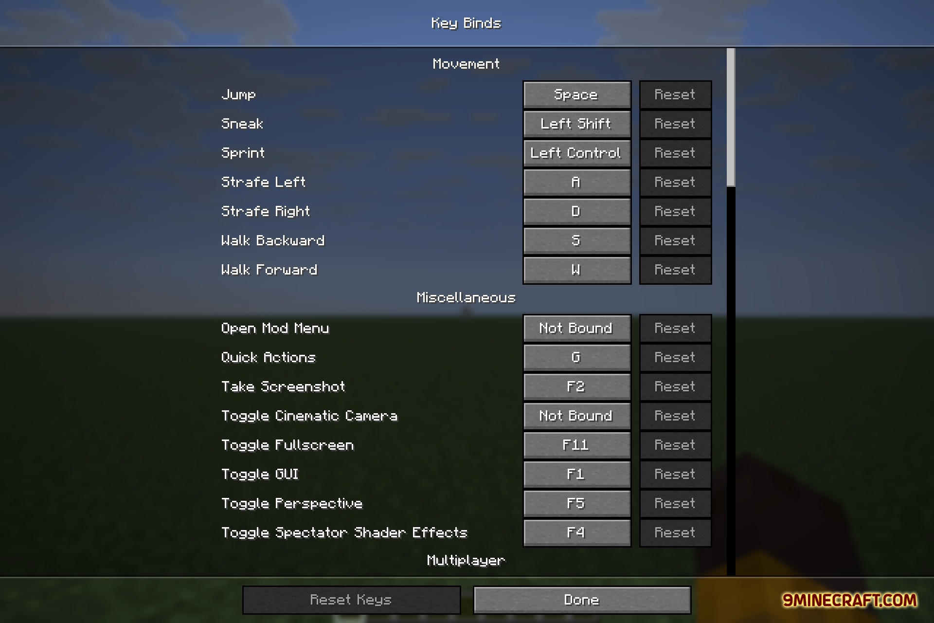 Hide Key Binding 9minecraft Mod Screenshot 3 Minecraft settings screen displaying a list of movement and miscellaneous key binds
