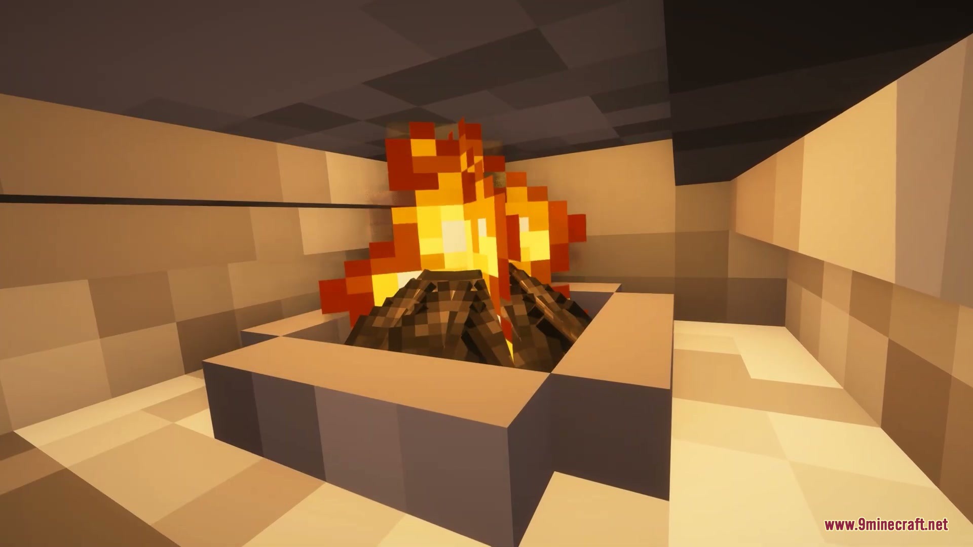 Burning fuel and flames visible inside a hollowed out 3D furnace block