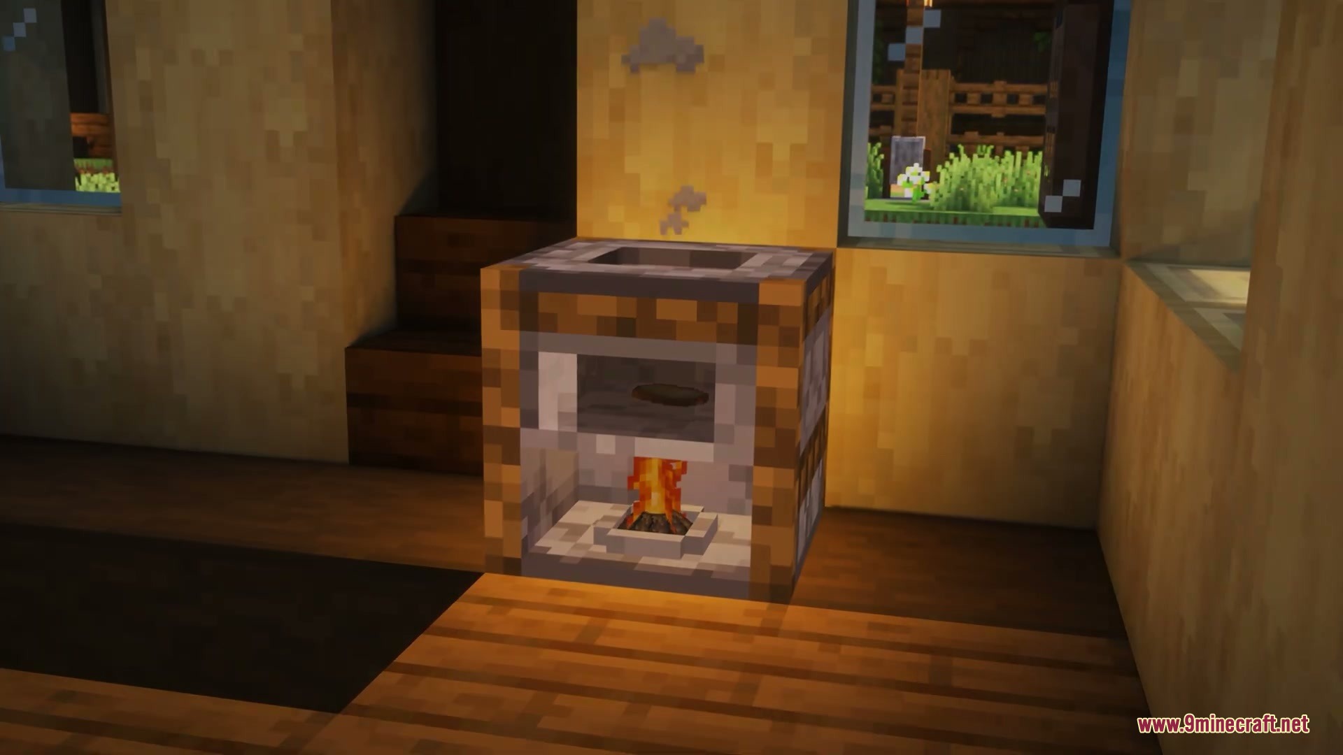 A hollow furnace block showing burning fuel and food cooking inside