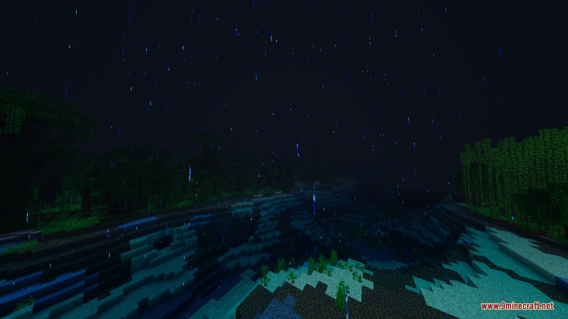 Hollow Visual Shader Screenshot 1 Rain falls over a dark jungle landscape with unique hollowed terrain features