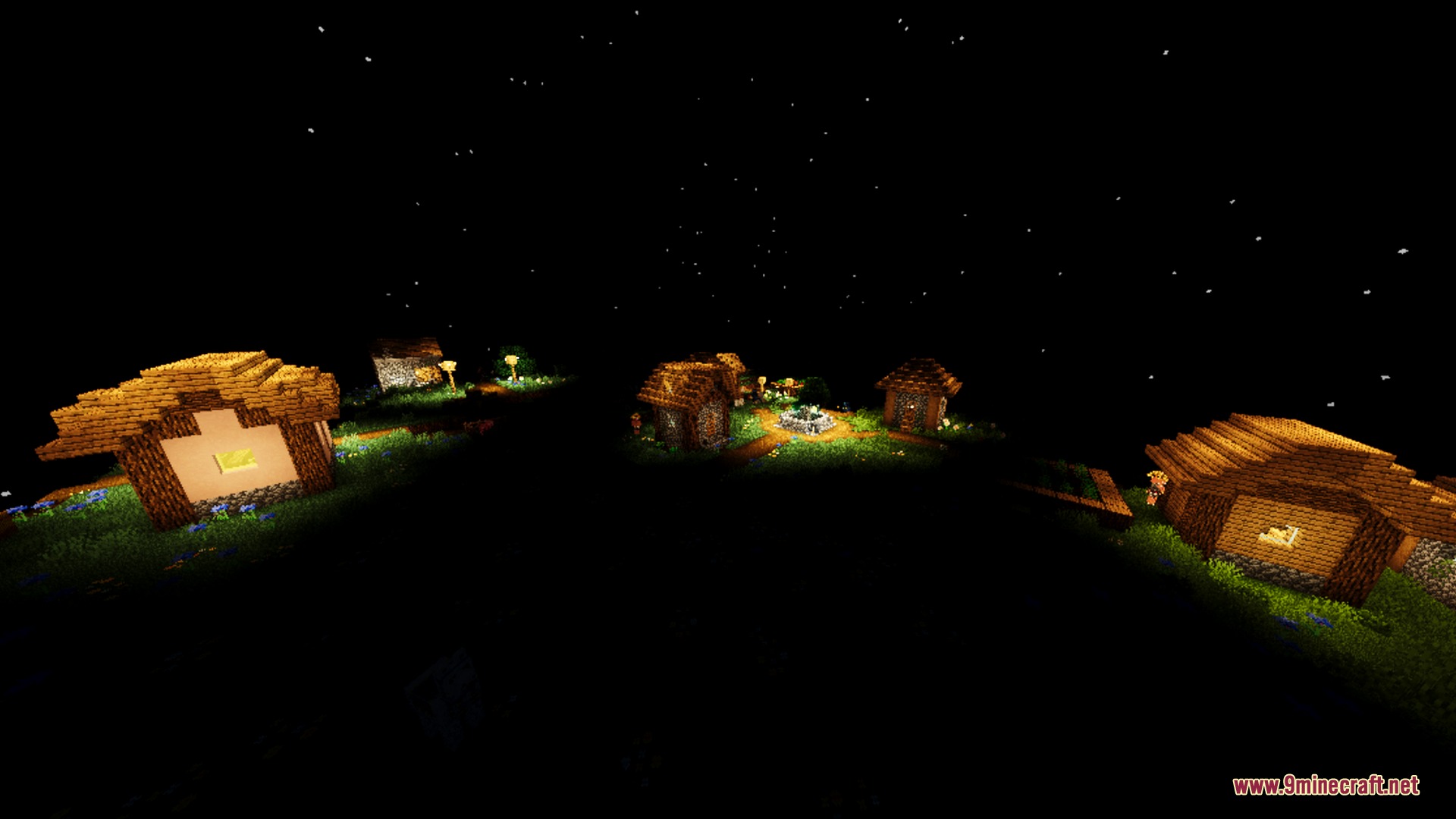 Hollow Visual Shader Screenshot 2 Small wooden houses glow in the darkness under a star filled sky