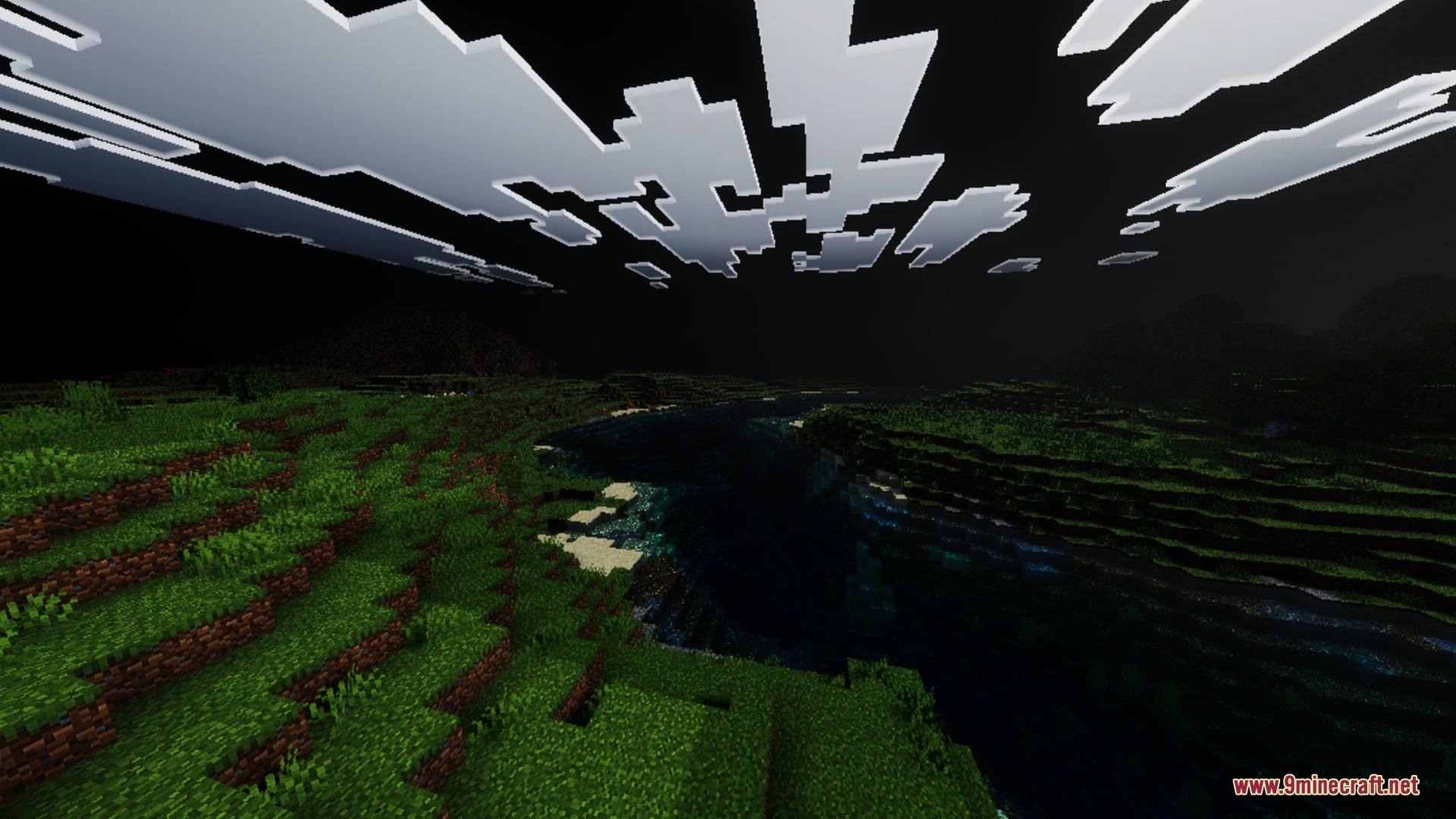 Hollow Visual Shader Screenshot 3 Dark Minecraft landscape featuring a river under a pitch black sky