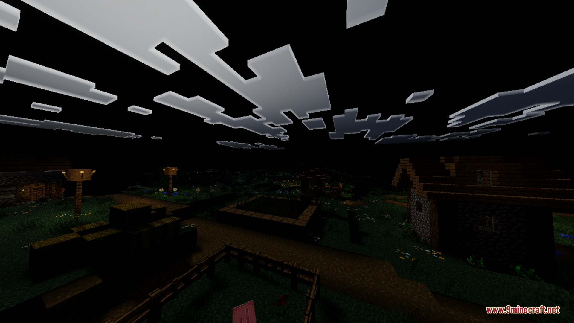 Hollow Visual Shader Screenshot 4 Dimly lit Minecraft village at night with blocky clouds in the sky