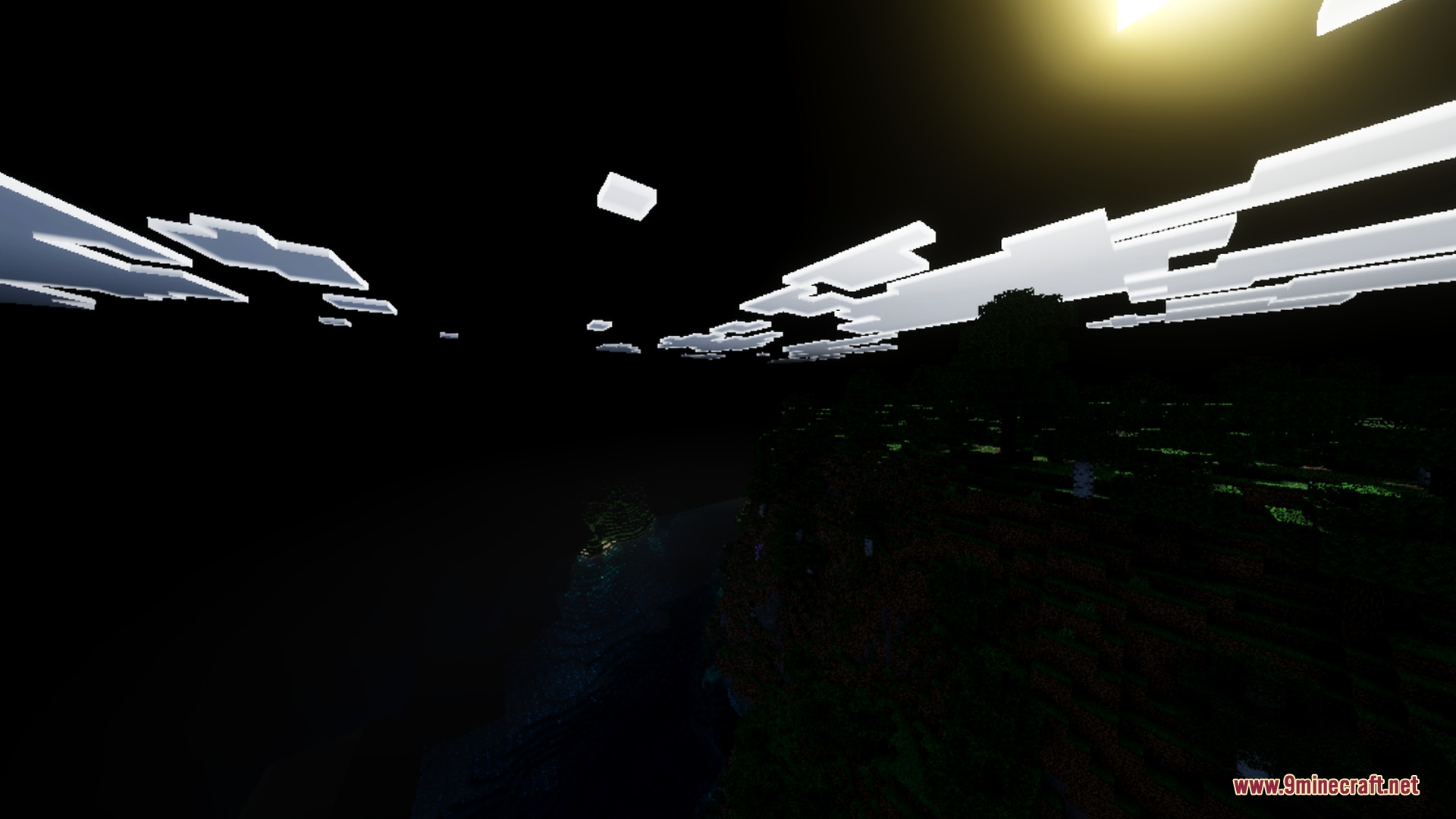 Hollow Visual Shader Screenshot 5 A dark Minecraft world with blocky white clouds and a bright sun