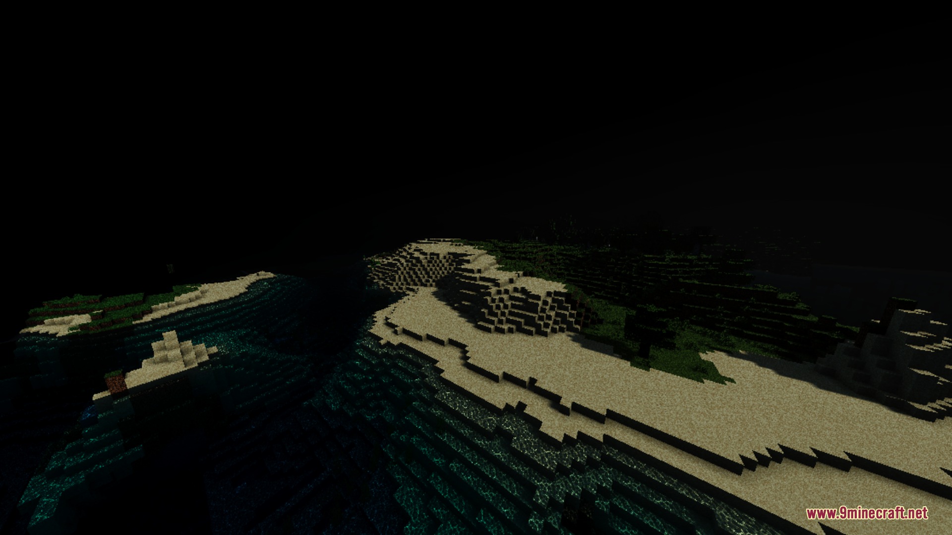 Hollow Visual Shader Screenshot 6 A dark Minecraft beach with sand and water under a pitch black sky