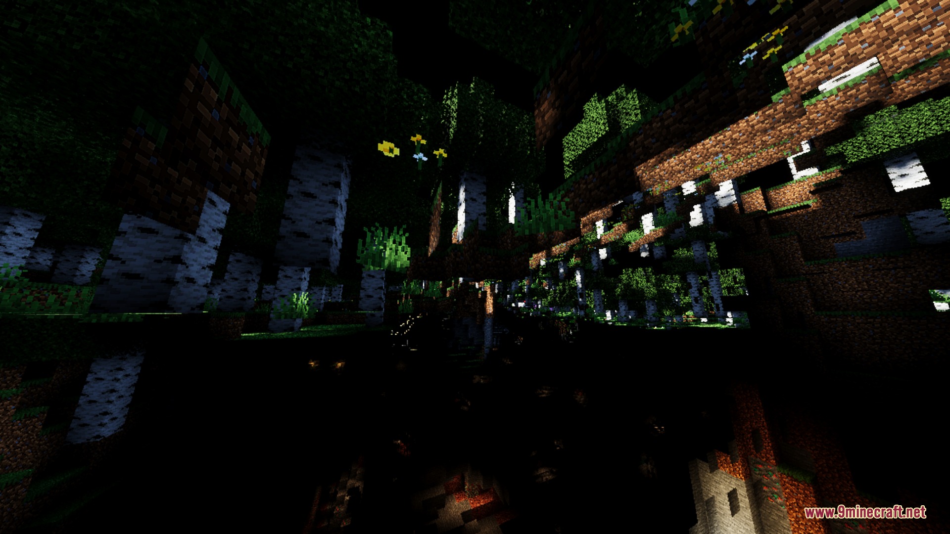 Hollow Visual Shader Screenshot 7 Floating birch trees and grass blocks seen from below in a hollow world