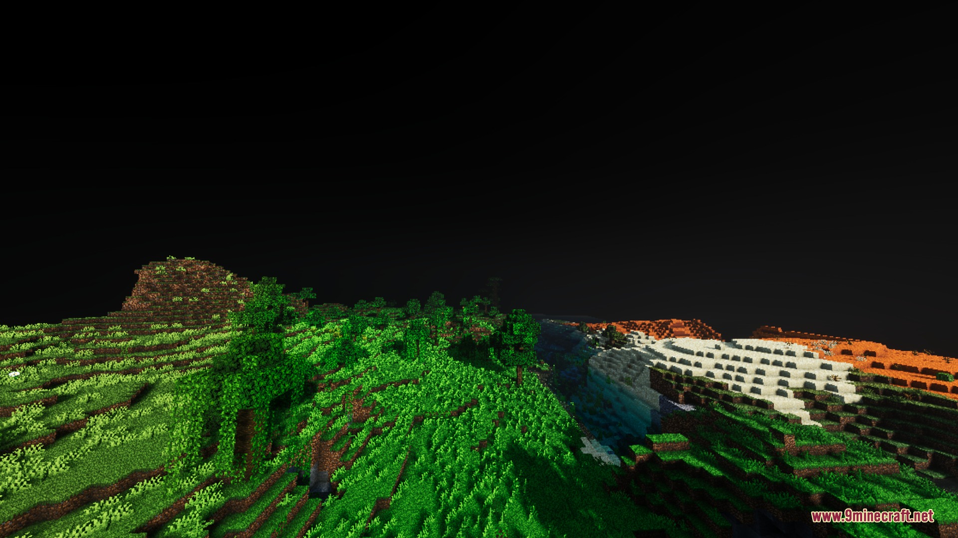 Hollow Visual Shader Screenshot 8 Lush green hills and a river under a pitch black night sky
