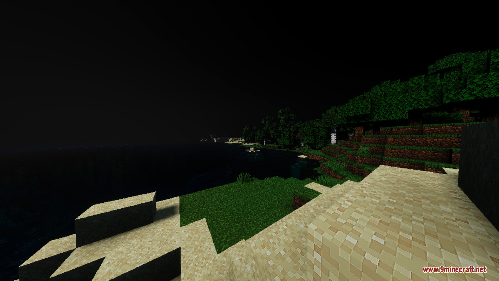 Hollow Visual Shader Screenshot 9 Hollow Visual pack creates a pitch black night sky over a Minecraft shoreline