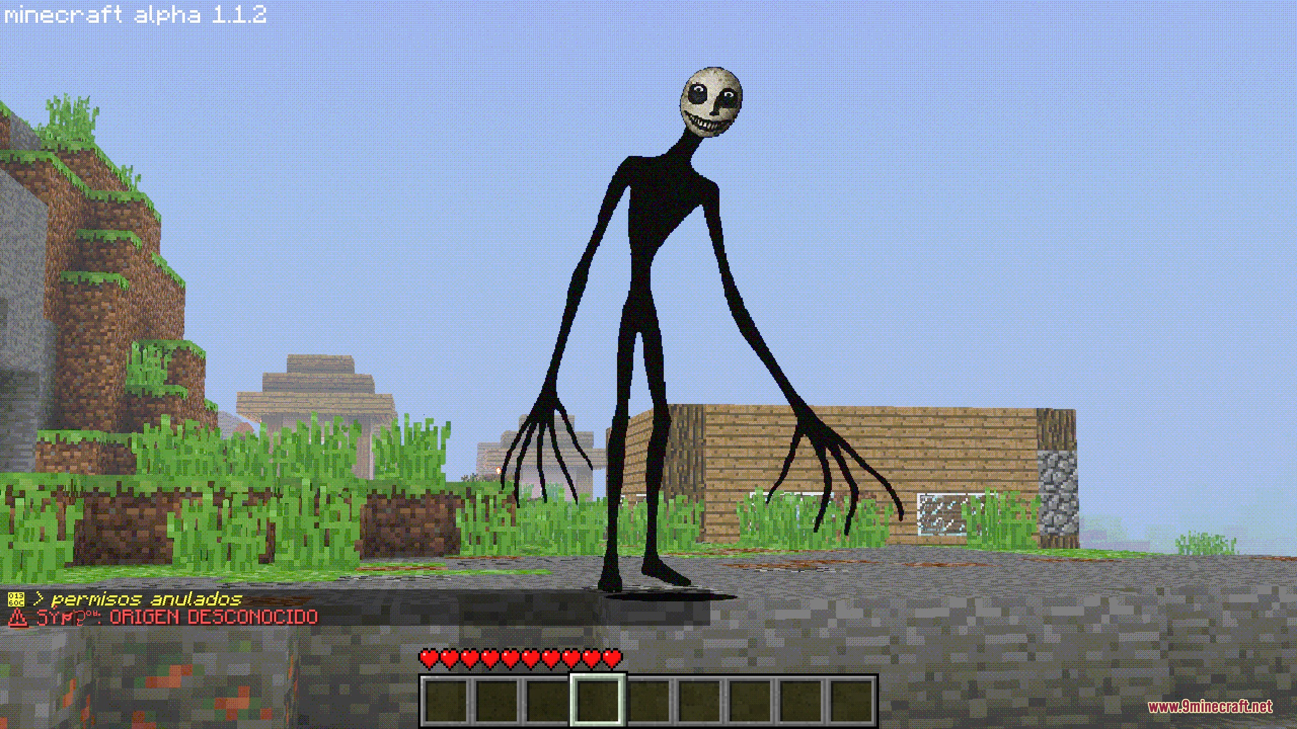Hollow Watcher Chronicles Mod Screenshot 2 A creepy smiling entity stands near a wooden house in the daylight