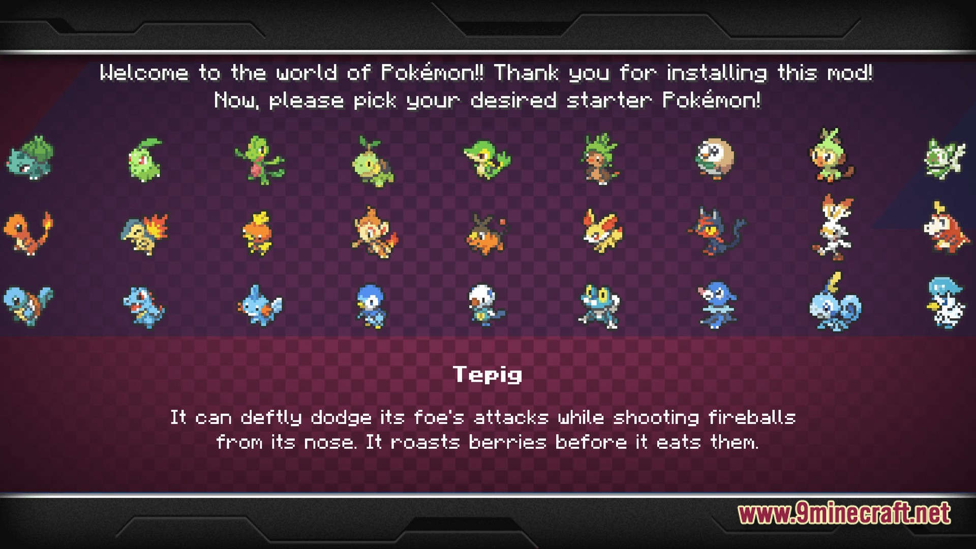 Horizon Bound Odyssey Modpack Screenshot 1 A selection screen for choosing a starter Pokémon from various generations within the Cobblemon mod