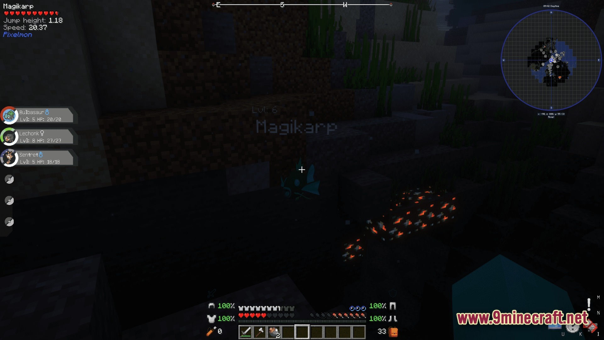 Horizon Bound Odyssey Modpack Screenshot 10 A level six Magikarp swims underwater near glowing ore deposits in a river biome