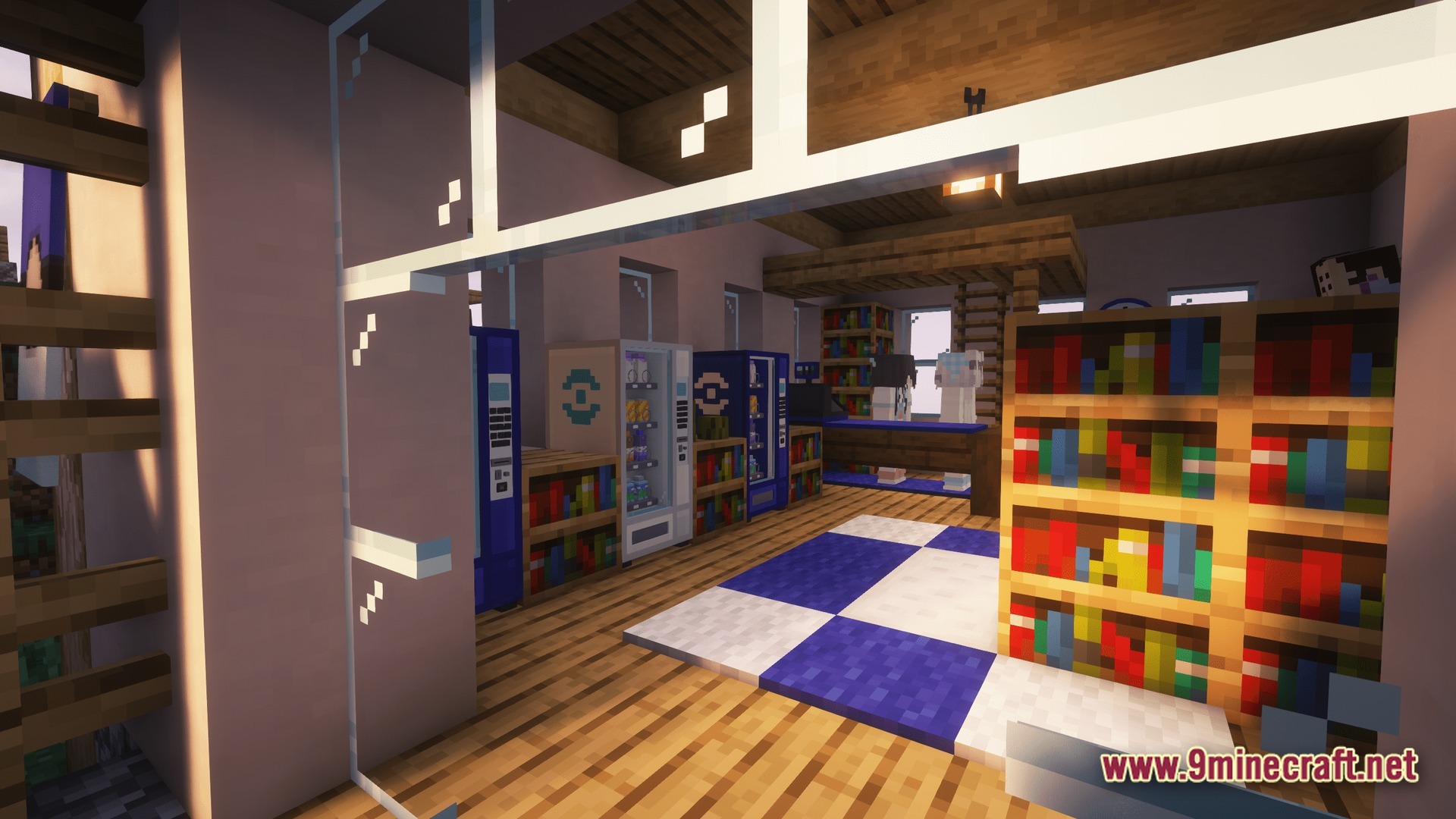 Horizon Bound Odyssey Modpack Screenshot 2 A cozy interior featuring bookshelves, vending machines, and a checkered floor under warm lighting