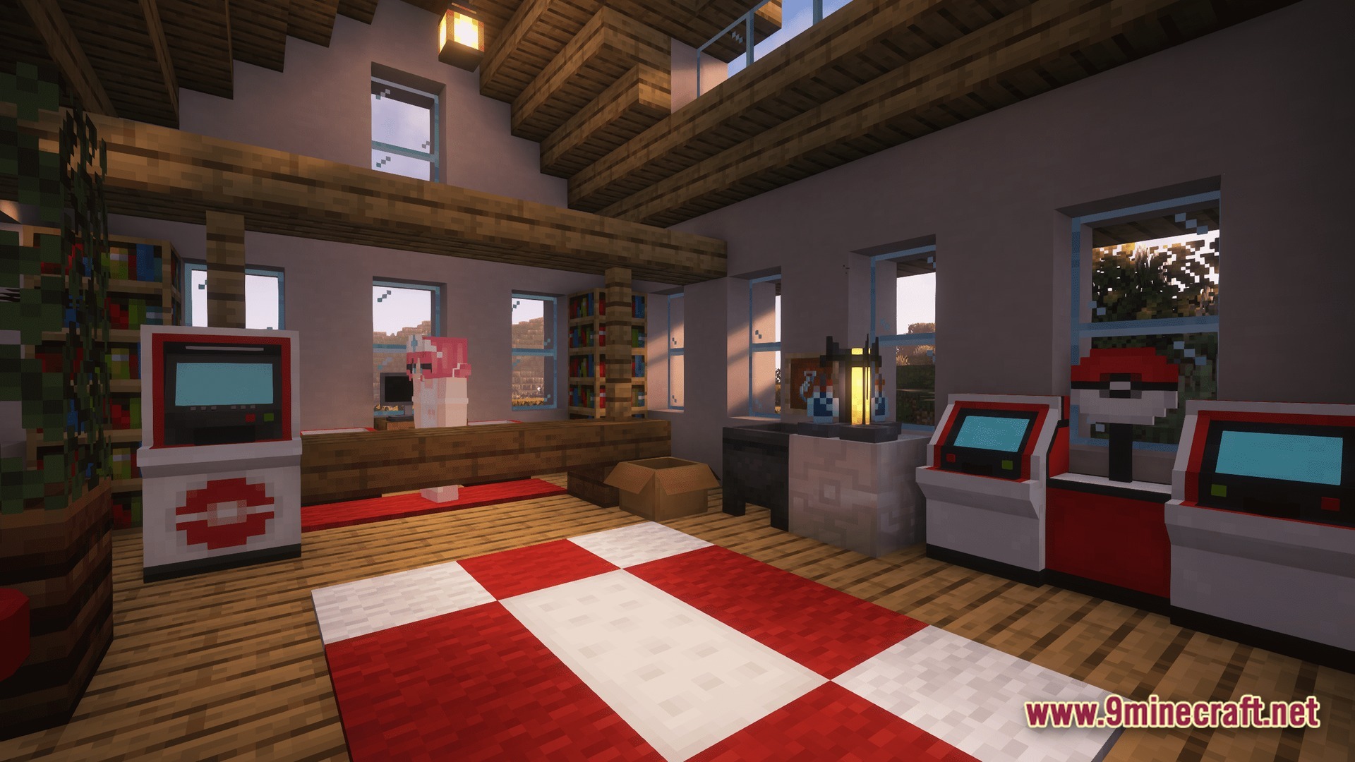 Horizon Bound Odyssey Modpack Screenshot 3 A wooden interior featuring Cobblemon healing stations, PC terminals, and a red and white rug